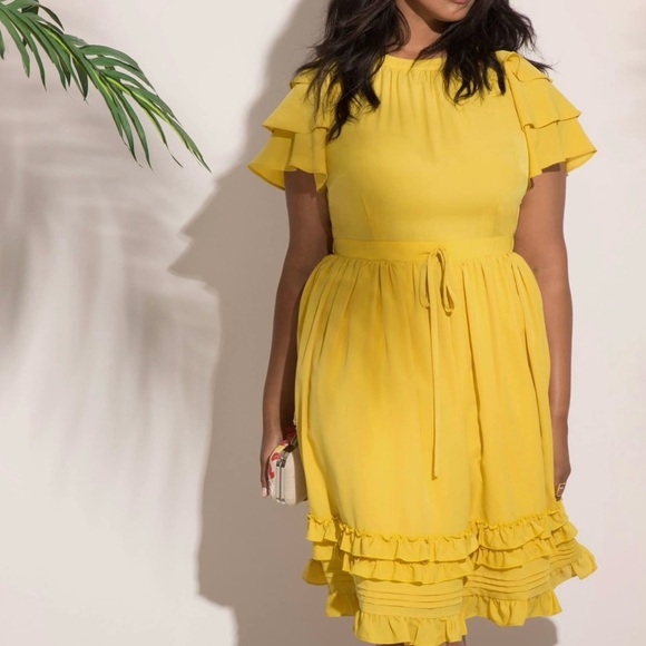 NWT Eloquii Ruffles & Pintucks Fit & Flare Dress Size 24 Golden Yellow - Picture 16 of 16
